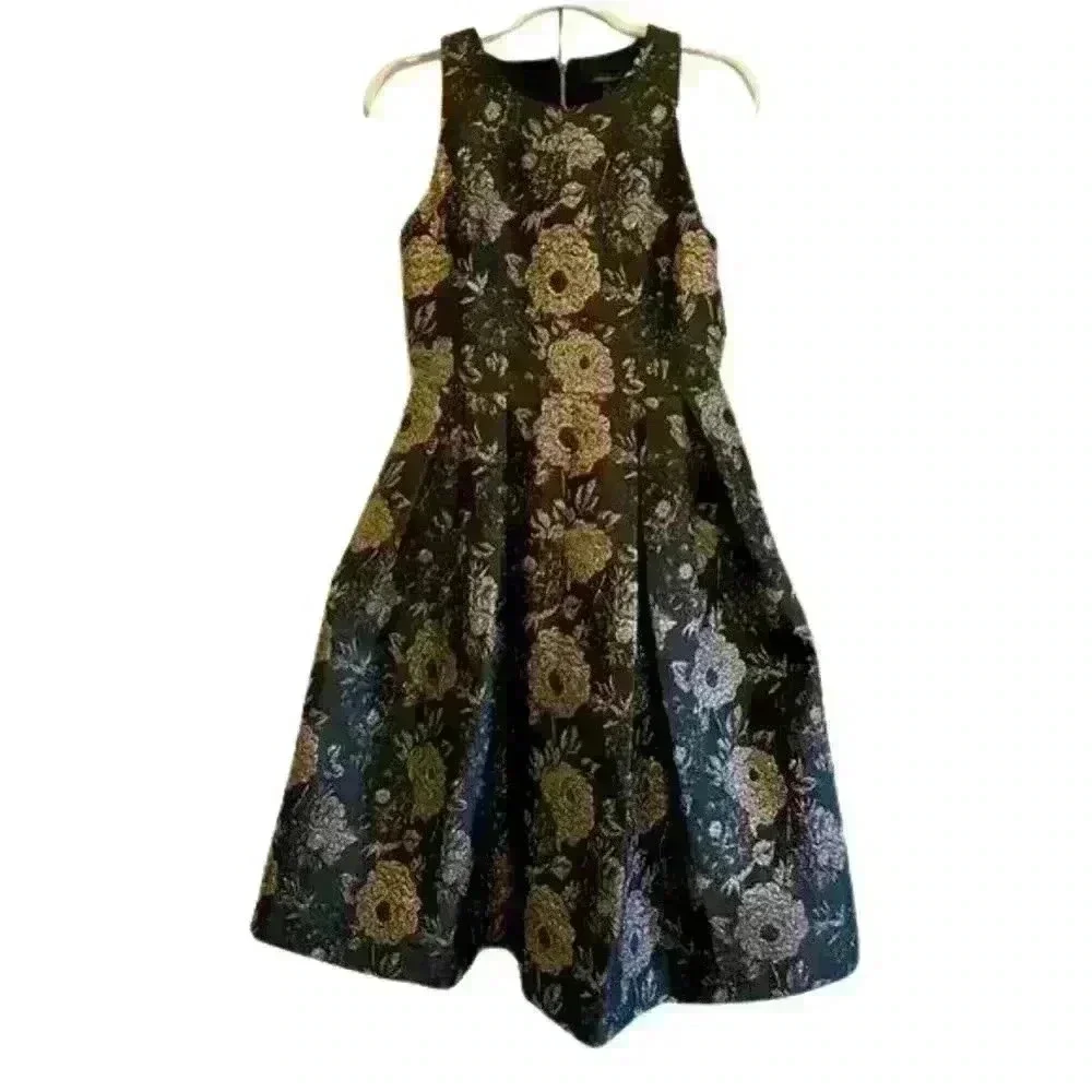 Ann Taylor Factory Black Gold Foil Floral Sleeveless Dress Fit & Flare - Picture 16 of 16